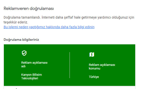 reklam veren doğrulaması tamamlandı